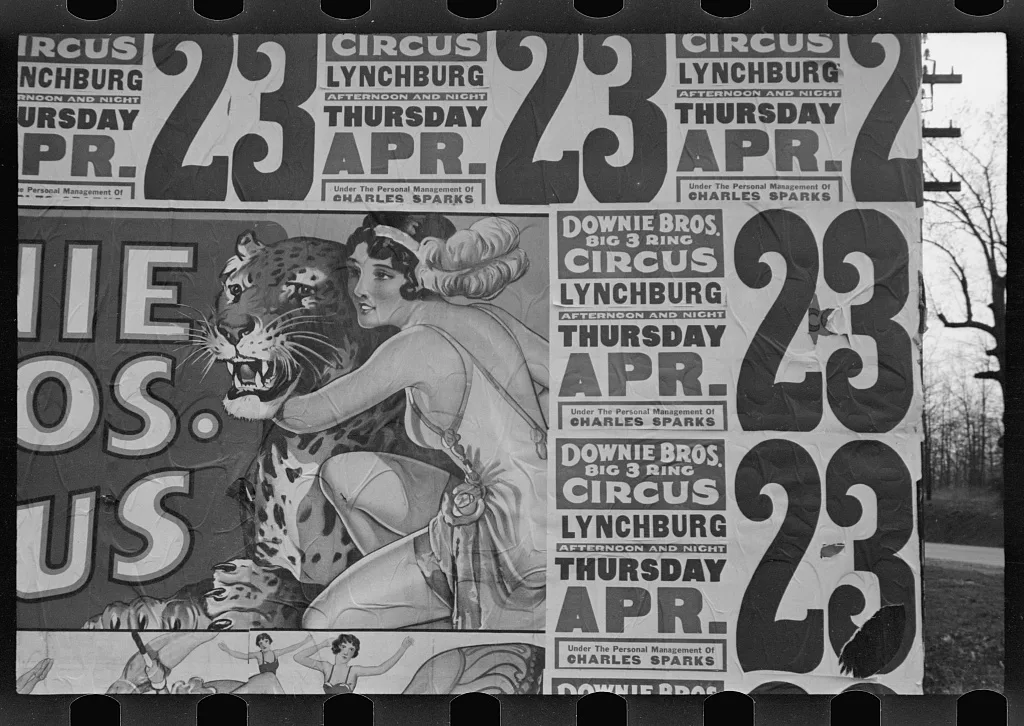 [Posters covering a building near Lynchburg to advertise a Downie…, 1936